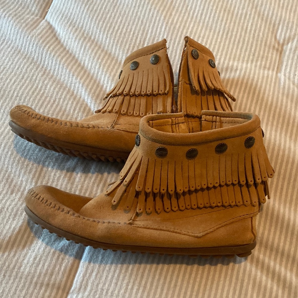 Minnetonka Tan Suede Fringe Booties with Stud Details